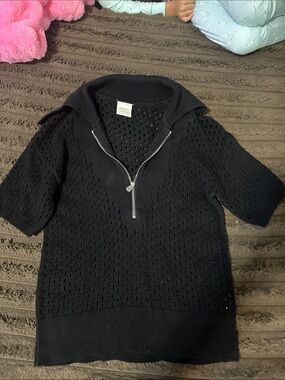 XS Varley Black Short-Sleeve Zip-Neck Knit Sweater